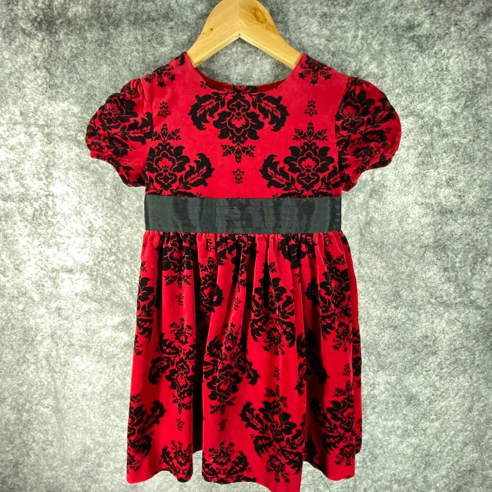 Hartstrings Dress Girls 6 Red Black Velvet Palampore Floral Ribbon Cotton Party
